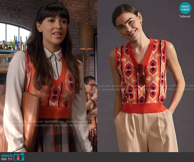 Maeve Vera Jacquard Sweater Vest worn by Sam (Hannah Simone) on Not Dead Yet