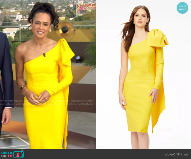 Ashley Lauren One Shoulder Cocktail Dress with Bow Detail worn by Linsey Davis on Good Morning America