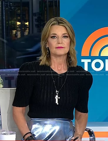 Savannah’s black ribbed sweater and metallic skirt on Today