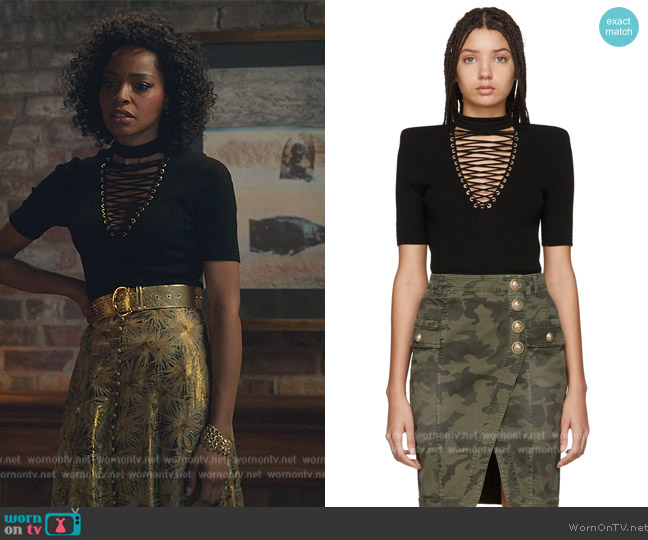 Balmain Black Lace-Up Sweater worn by Sasha Snow (Margaret Odette) on Sex/Life