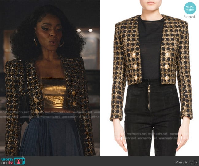 Balmain Cropped Tweed Open-Front Jacket worn by Sasha Snow (Margaret Odette) on Sex/Life