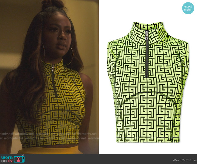 Balmain Green Half-Zip Sport Top worn by Annika (Justine Skye) on Grown-ish
