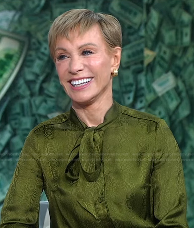 Barbara Corcoran’s green tie neck blouse and pants on Good Morning America