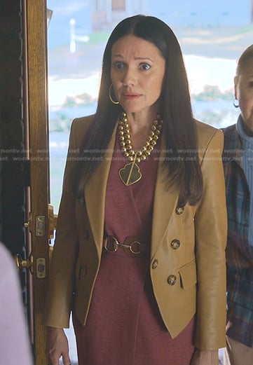 Bianca’s camel double breasted leather blazer on Good Trouble