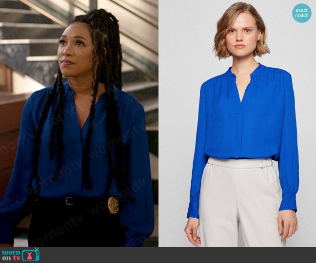 BOSS Regular-fit long-sleeved blouse with notch neckline worn by Iris West (Candice Patton) on The Flash