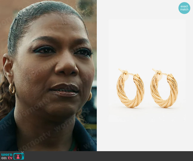Bottega Veneta Gold Rope Twist Hoop Earrings worn by Robyn McCall (Queen Latifah) on The Equalizer