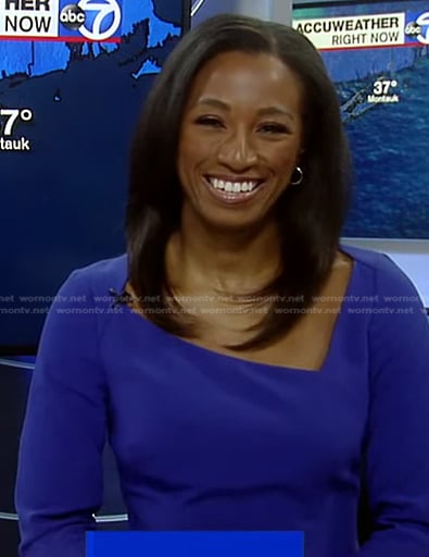 Brittany Bell’s blue asymmetric neckline dress on Good Morning America