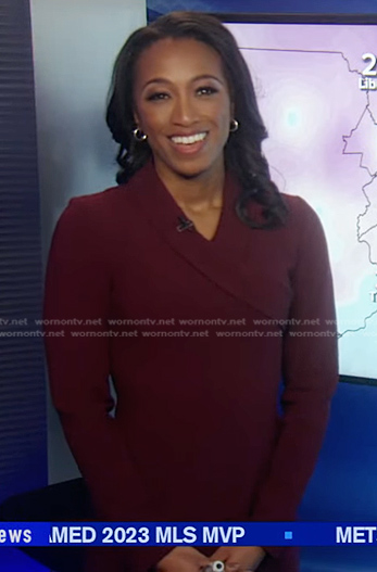 Brittany Bell’s burgundy v-neck dress on Good Morning America