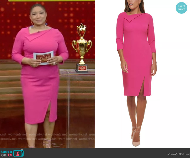 Calvin Klein Foldover-Neck Front-Slit Sheath Dress worn by Deja Vu on Live with Kelly and Mark