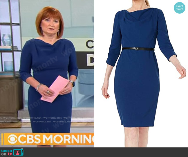 Calvin Klein Three Quarter Sleeve Belted Cowl Neck Sheath Dress in Dark Mallard worn by Anna Werner on CBS Mornings