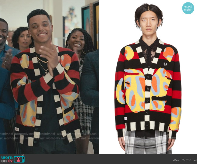 Charles Jeffrey Loverboy Multicolor Fred Perry Edition Striped Intarsia Cardigan worn by Will Smith (Jabari Banks) on Bel-Air