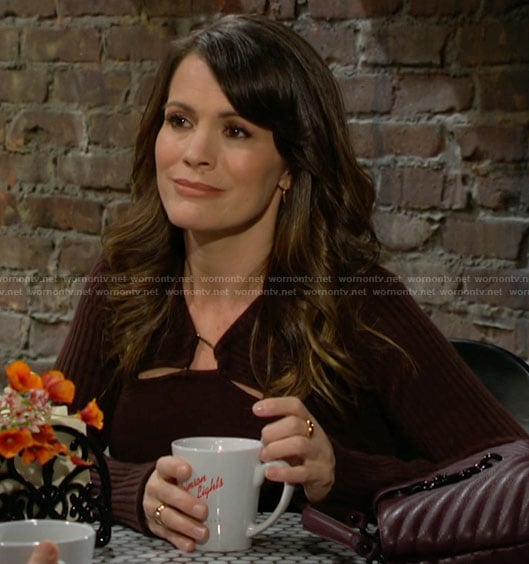 Chelsea’s brown cutout sweater on The Young and the Restless