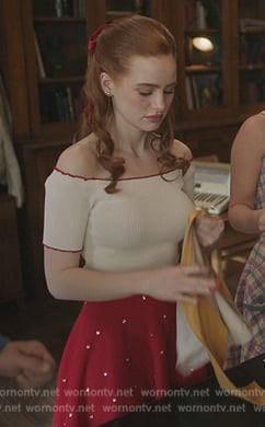 Cheryl’s white off shoulder ruffle trim top on Riverdale