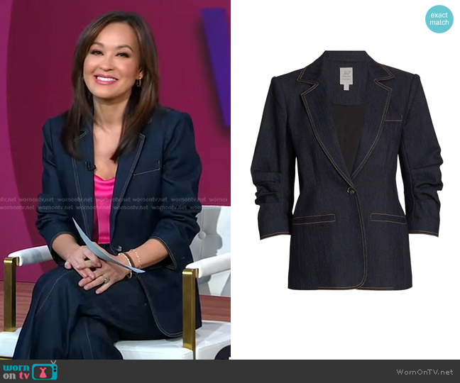 Cinq a Sept Khloe Ruched Sleeve Denim Blazer worn by Eva Pilgrim on Good Morning America