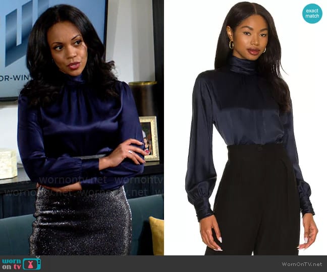 Cinq a Sept Jayla Top in Navy worn by Amanda Sinclair (Mishael Morgan) on The Young and the Restless