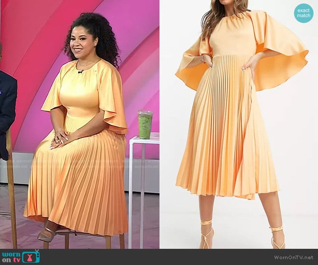 Closet London Flutter Sleeve Pleated Midi Dress in orange worn by Arianna G. Davis on Today