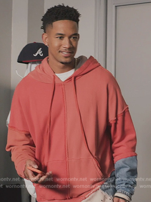 Damon’s red mixed media hoodie on All American Homecoming