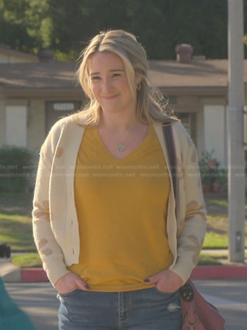 Davia’s beige floral cardigan on Good Trouble