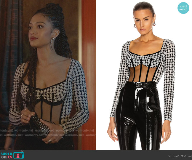 David Koma Houndstooth Net Corset Bodysuit worn by Olivia Baker (Samantha Logan) on All American