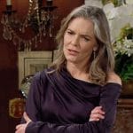 Diane’s navy one shoulder blouse on The Young and the Restless