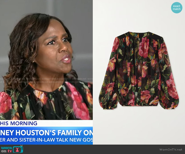 Dolce & Gabbana Gathered Floral-Print Silk-Chiffon Blouse worn by Deborah Roberts on Good Morning America