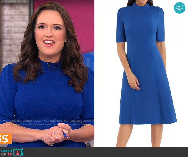 Donna Morgan Mock Neck Button Shoulder Fit & Flare Dress In Blue Sapphire worn by Nikki Battiste on CBS Mornings