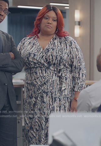 Dori’s camo print wrap dress on American Auto