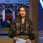 Rebecca’s black ikat tie neck blouse and skirt on Good Morning America