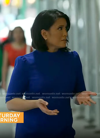 Elaine Quijano’s blue button shoulder dress on CBS Mornings