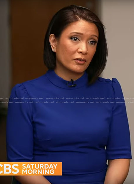 Elaine Quijano’s blue button shoulder dress on CBS Mornings