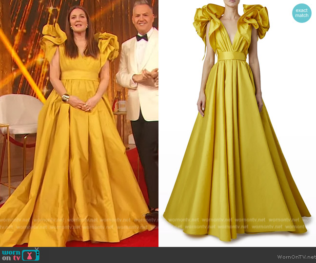 Elie Saab Plunging Ruffle-Shoulder Taffeta Gown worn by Drew Barrymore on The Drew Barrymore Show