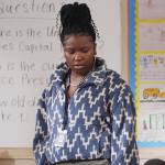 Erika’s blue printed sherpa sweater on Abbott Elementary