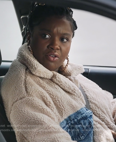Erika’s white fleece denim jacket on Abbott Elementary