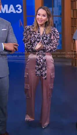Eva’s black floral blouse and pink satin pants on Good Morning America