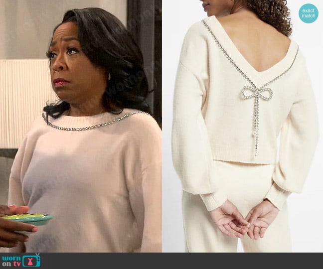 Express Bow Embellished Convertible Sweater worn by Tina Butler (Tichina Arnold) on The Neighborhood
