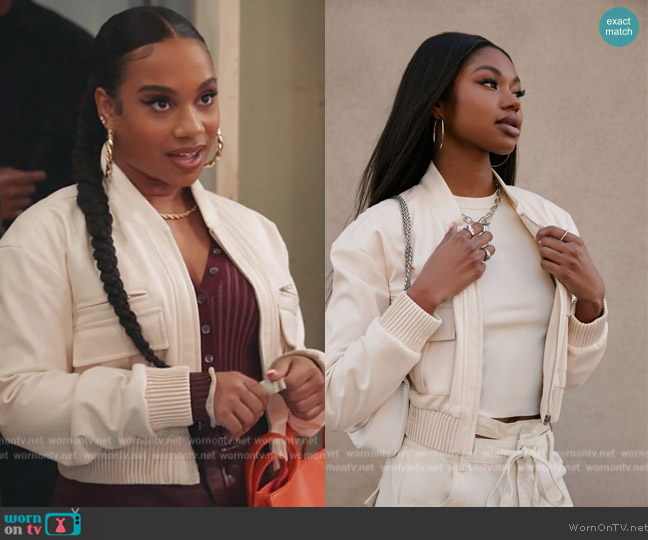 Forever 21 Faux Leather Cropped Bomber Jacket worn by (Naté Jones) on Abbott Elementary