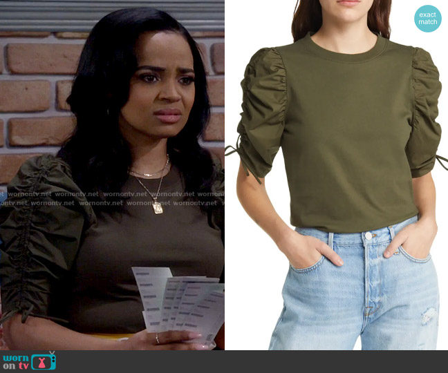 Frame Ruched Sleeve T-Shirt in Fatigue worn by Randi (Kyla Pratt) on Call Me Kat