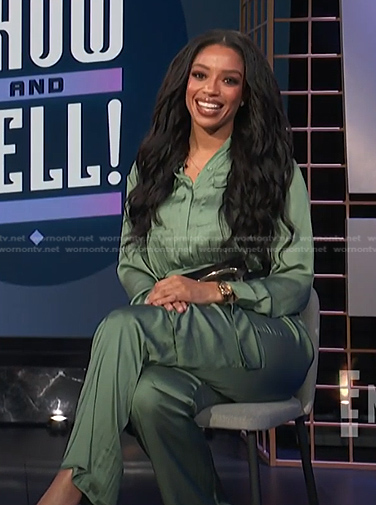 Francesca’s green satin jumpsuit on E! News