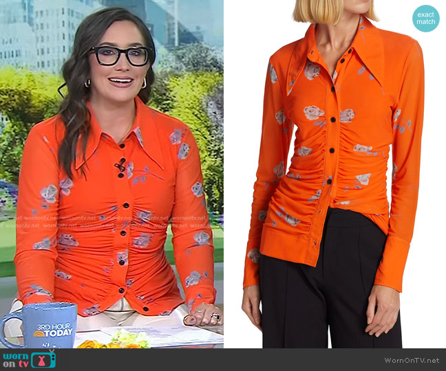 Ganni Ruched Floral Print Mesh Shirt worn by Savannah Sellers on Today