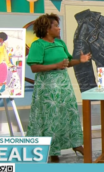 Gayle Bass’s green and white printed maxi skirt on CBS Mornings