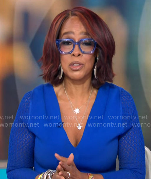 Gayle King’s blue v-neck dress with lace knit sleeves on CBS Mornings
