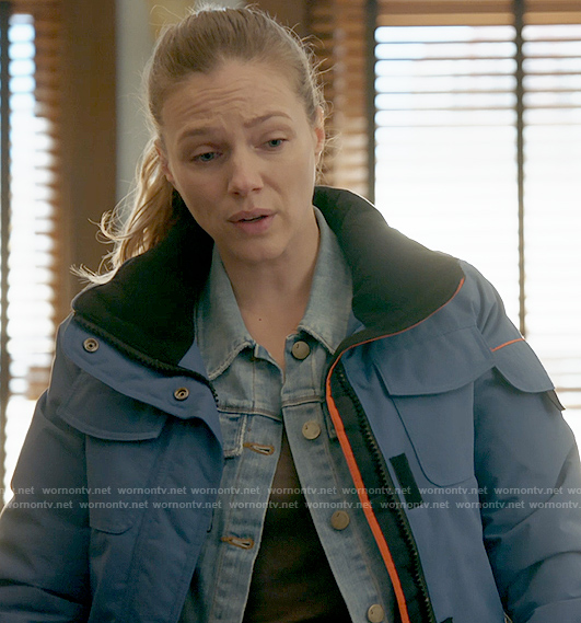 Hailey’s blue puffer jacket on Chicago PD