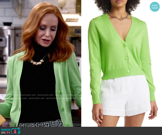 Halogen Fitted V-Neck Cardigan in Green Jasmine worn by Sheila (Swoosie Kurtz) on Call Me Kat