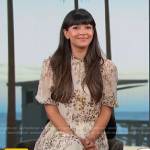 Hannah Simone’s beige floral dress on Access Hollywood