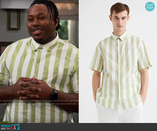 H&M Regular Fit Cotton Shirt in Light Green / White Striped worn by Marty (Marcel Spears) on The Neighborhood