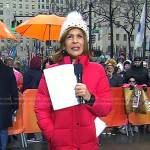 Hoda’s red puffer coat and beanie on Today