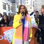 Hoda’s colorblock long scarf and yellow coat on Today