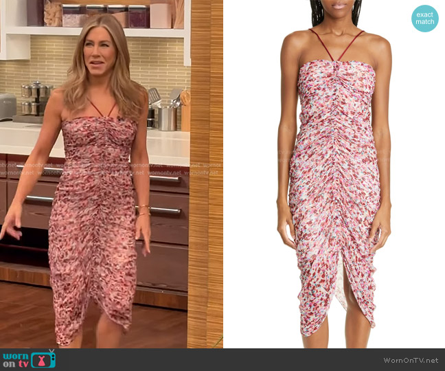 Isabel Marant Étoile Falone Ruched Chiffon Dress worn by Jennifer Aniston on Live with Kelly and Mark