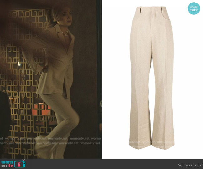 Jacquemus Sauge high-waisted flared trousers worn by Lady Phoebe (Tilly Keeper) on You