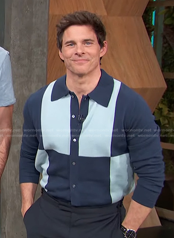 James Marsden’s blue colorblock cardigan on Access Hollywood